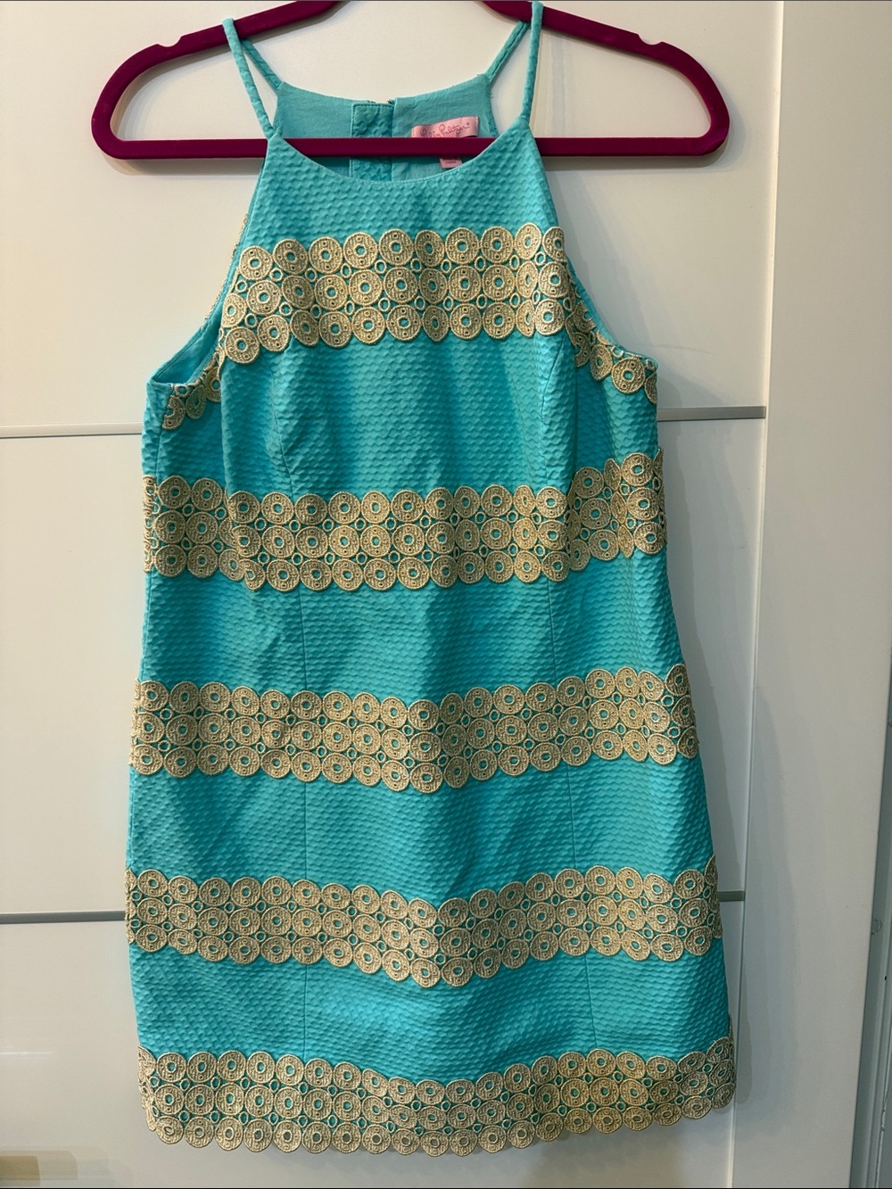 Lilly Pulitzer Turquoise Shift Dress with Gold Circular Embroidery